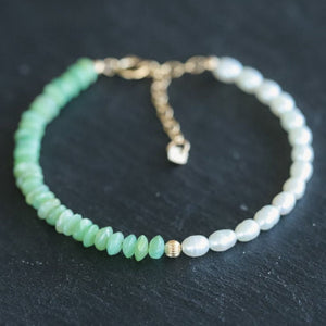 Peruvian opal + Pearl | Dainty pearl opal stacking bracelet | peruvian opal | natural peruvian opal with pearl | 14K gold filled pearl