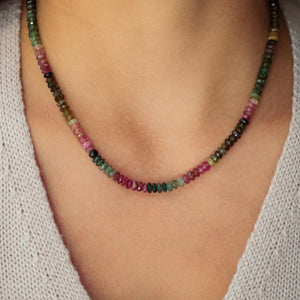 AAAA+ Mixed Tourmaline Beaded Necklace | Watermelon tourmaline necklace | Multi color tourmaline jewelry | Smooth rondel tourmaline