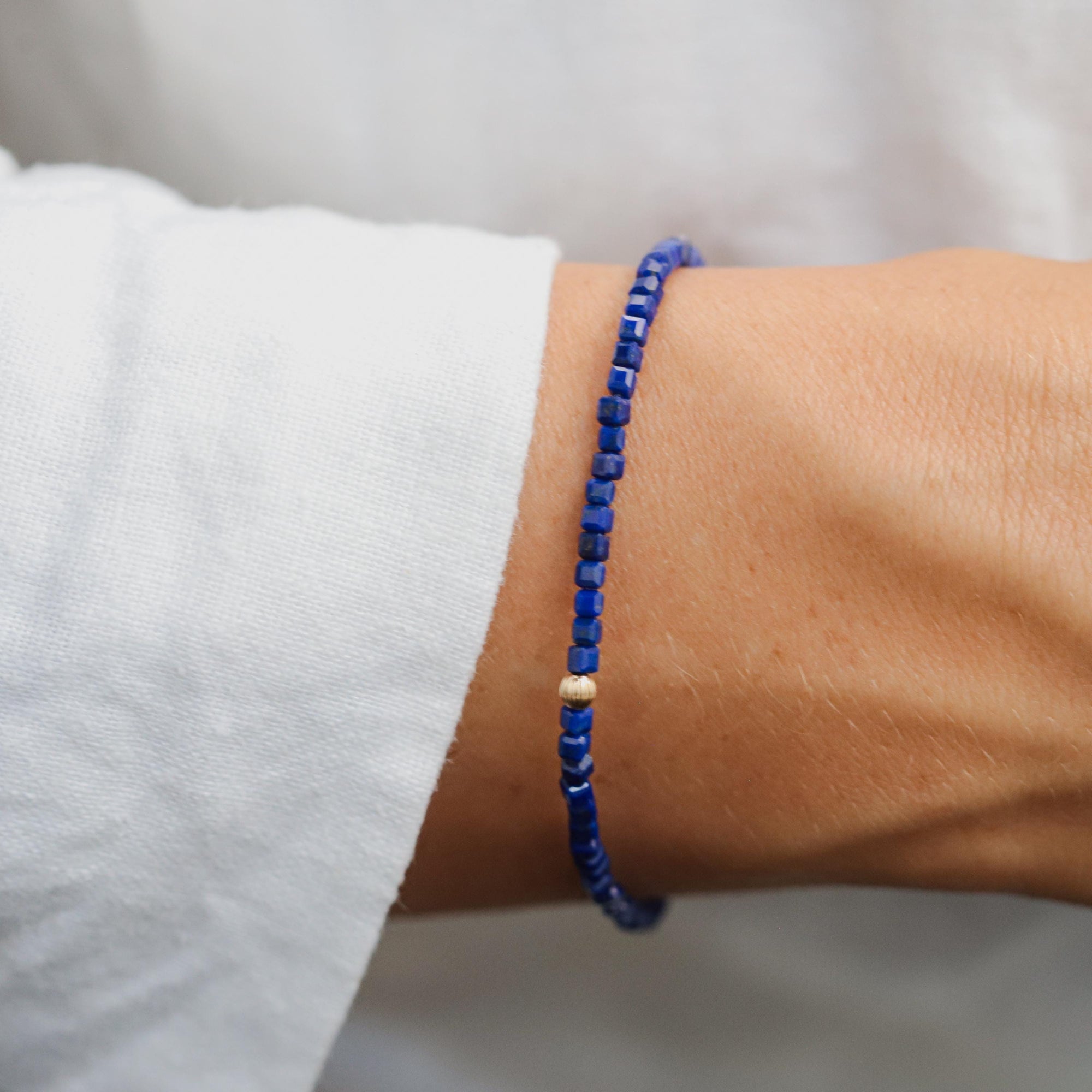 Stunning cube Lapis Lazuli Bracelet, Genuine Lapis Lazuli Beaded Bracelet, tiny Genuine Lapis Lazuli bracelet, 14K gold filled accents W