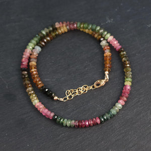 AAAA+ Mixed Tourmaline Beaded Necklace | Watermelon tourmaline necklace | Multi color tourmaline jewelry | Smooth rondel tourmaline