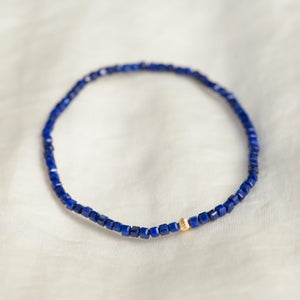 Stunning cube Lapis Lazuli Bracelet, Genuine Lapis Lazuli Beaded Bracelet, tiny Genuine Lapis Lazuli bracelet, 14K gold filled accents W