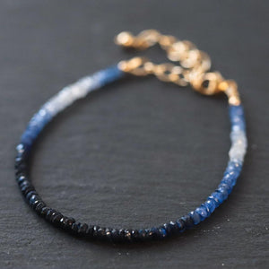 Blue Sapphire Bracelet, Yellow Gold Filled, Delicate Blue Sapphire Skinny Stacking Bracelet, Tiny Faceted Beads Sapphire 3mm W